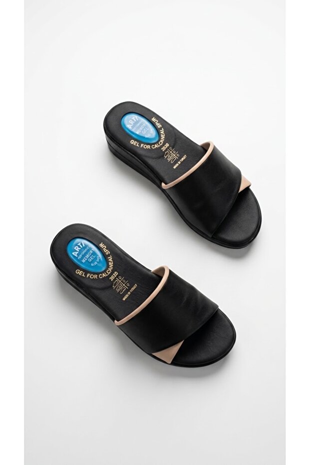 Artı&Jel-5000 Orthopedic Gel Heel Spur Function Black Beige Women's Slippers
