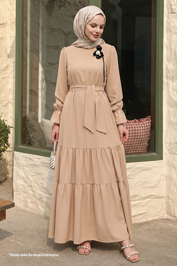 Camel Dress with Flower Brooch Detail Belted