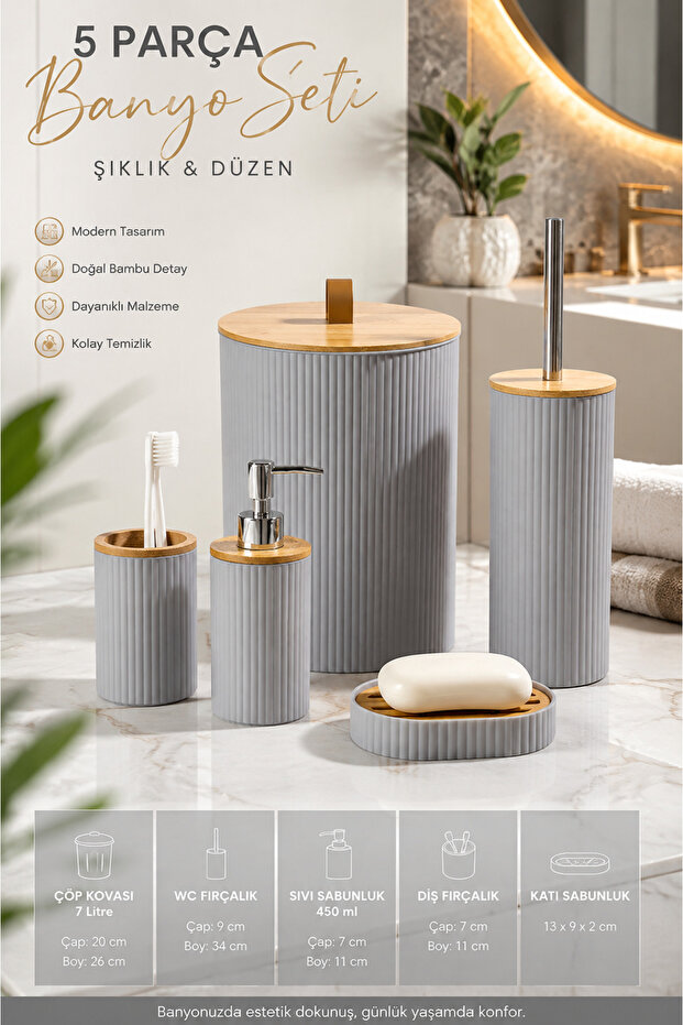 5 Piece Round Bathroom Set with Bamboo Cover, Gray, Volume: 7 Liters Original Bamboo