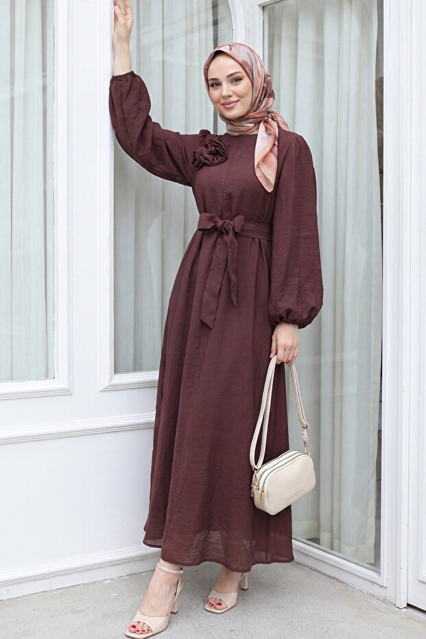 Brooch Detailed Belted Lined Balloon Sleeve Tulle Voile Dress -Plum