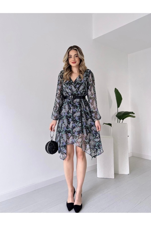 Women's Patterned Double Breasted Neckline Chiffon Dress