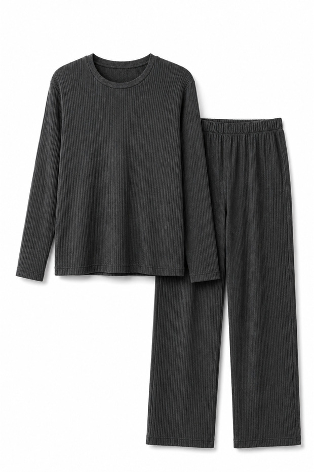 100% Cotton Anthracite Soft Textured Ribbed Long Sleeve Women's Pajama Set