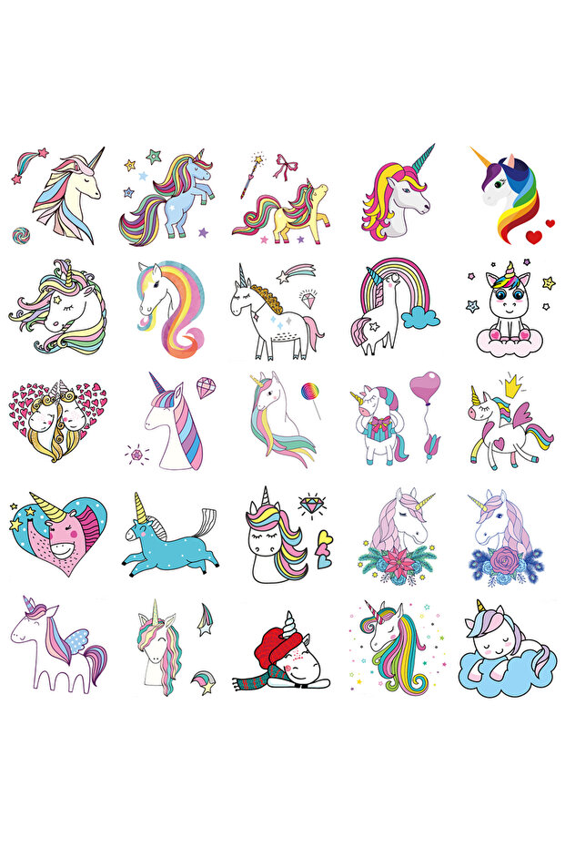 25 Sheets Set C 25Pcs Small Unicorn Temporary Tattoo Stickers Cartoon Rainbow Horse Pattern Birthday