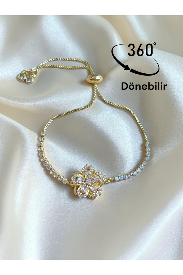 Gold Steel Rotating Flower Figured Princess Zircon Stone Elevator Bracelet