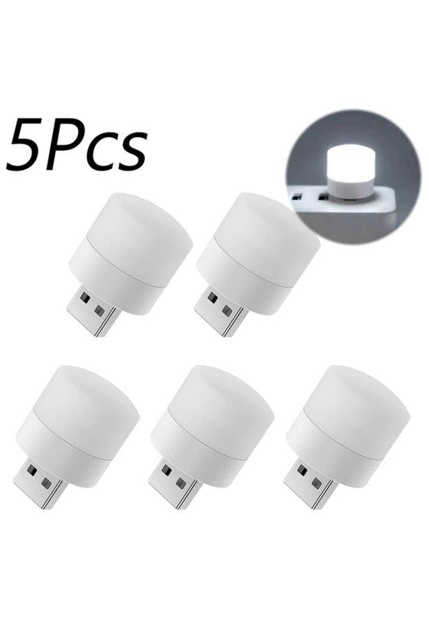 5 قطع بيضاء 1/10 قطع مصباح ليلي صغير بمنفذ USB دافئ أبيض لحماية العين مصباح قراءة الكتب بمقبس USB