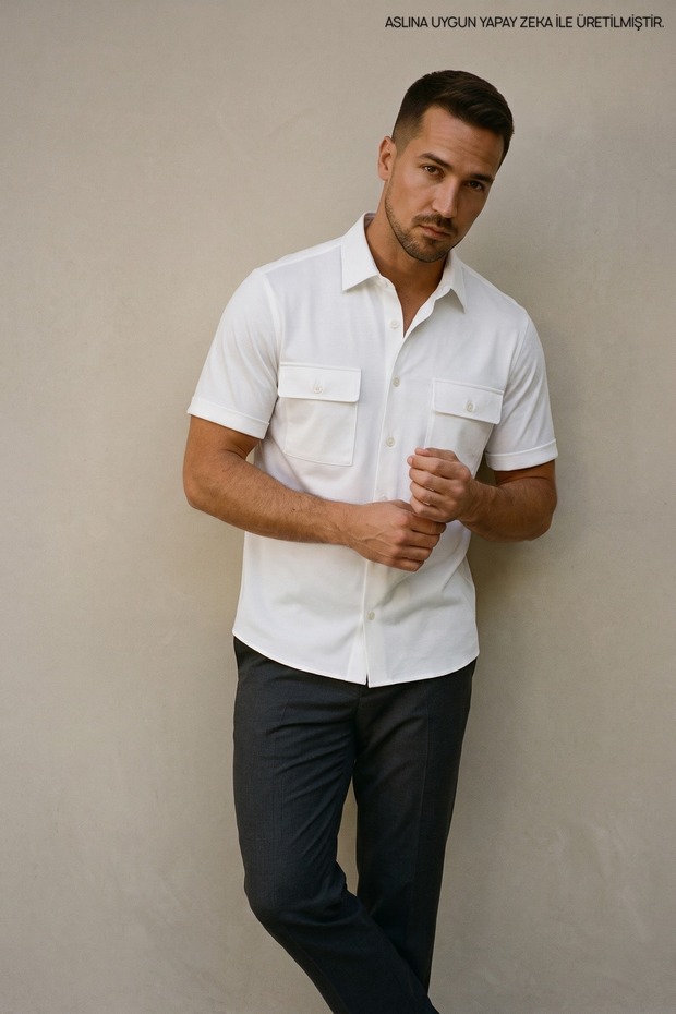 Men's Trend Mercerized Double Pocket White Polo Collar T-Shirt