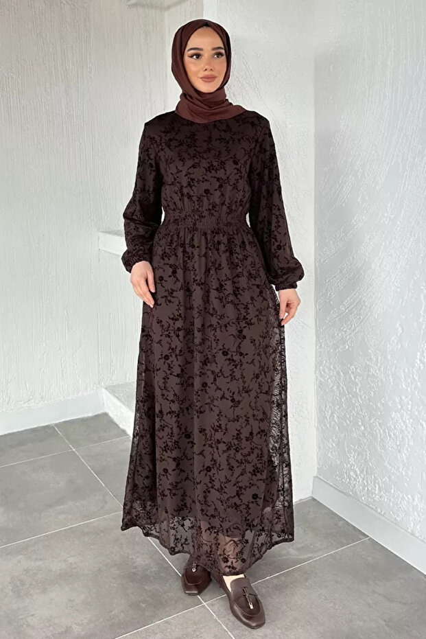 Flock Printed Hijab Dress with Elastic Waist