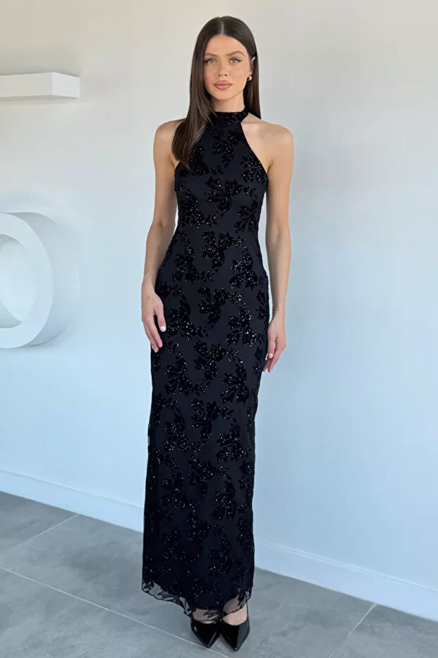 Women's Flocked Printed Tulle Evening Dress