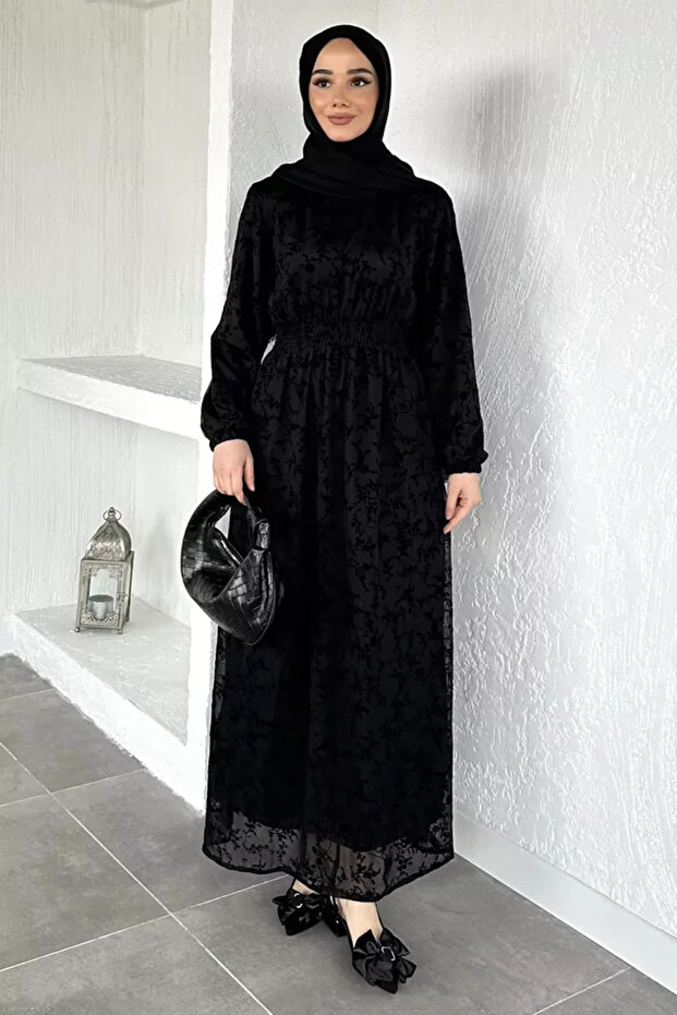 Flock Printed Hijab Dress with Elastic Waist