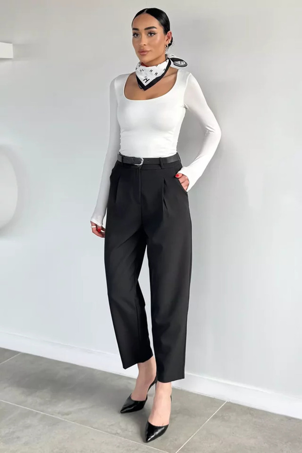 Women's Pleated Fabric Trousers with Belt Accessories