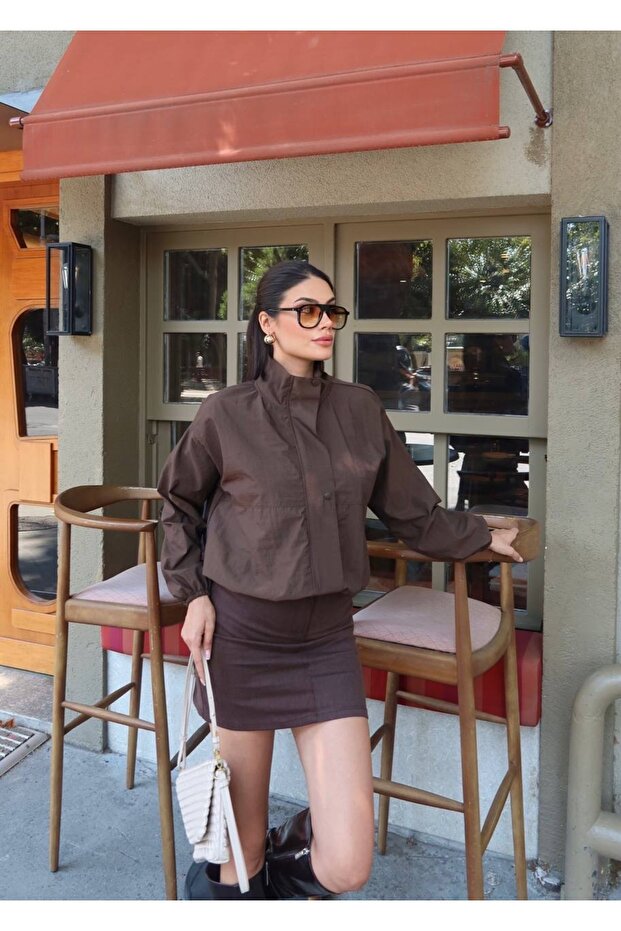 Women's Stand Collar Parachute Fabric Zippered Bomber Jacket