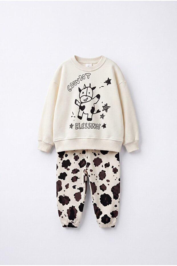 Children's Cow Print Ecru School Sweatshirt and Patterned Sweatpants Set