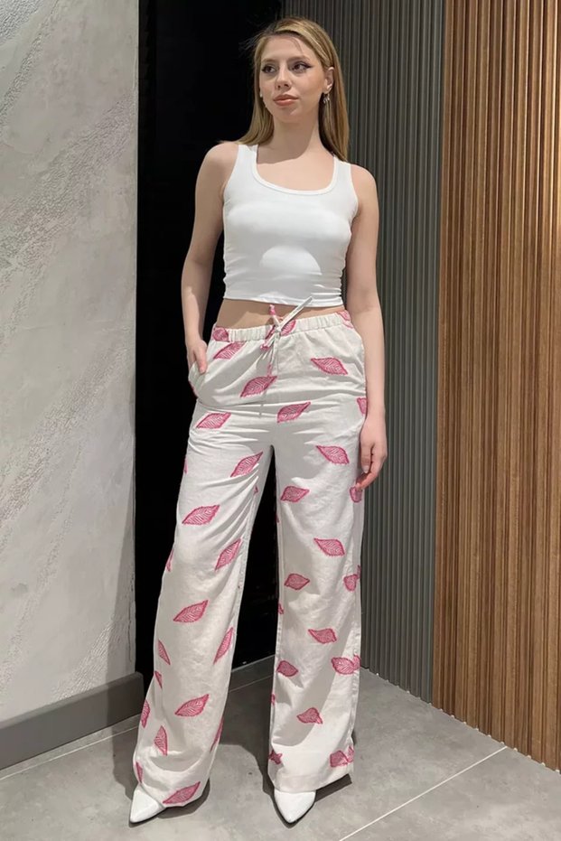 Women's Elastic Waist Embroidered High Waist Linen Trousers