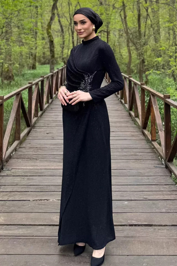 Women's Front Draped Stone Embellished Sparkling Hijab Evening Dress