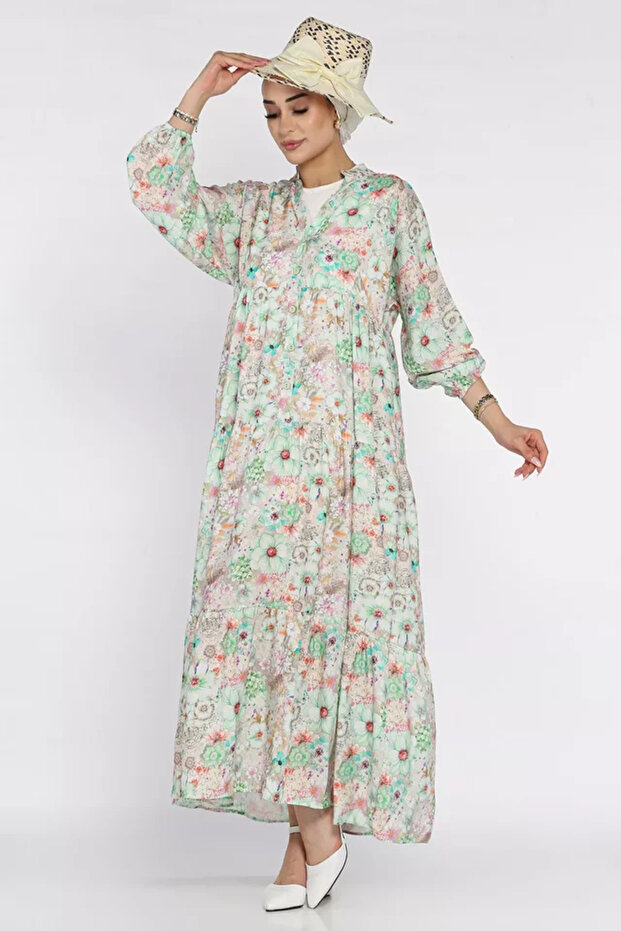 Patterned Summer Hijab Dress with Elasticated Sleeves and Front Button Detail