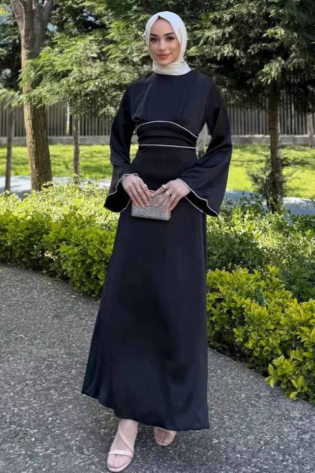 Hijab Side Tie Stoned Satin Evening Dress
