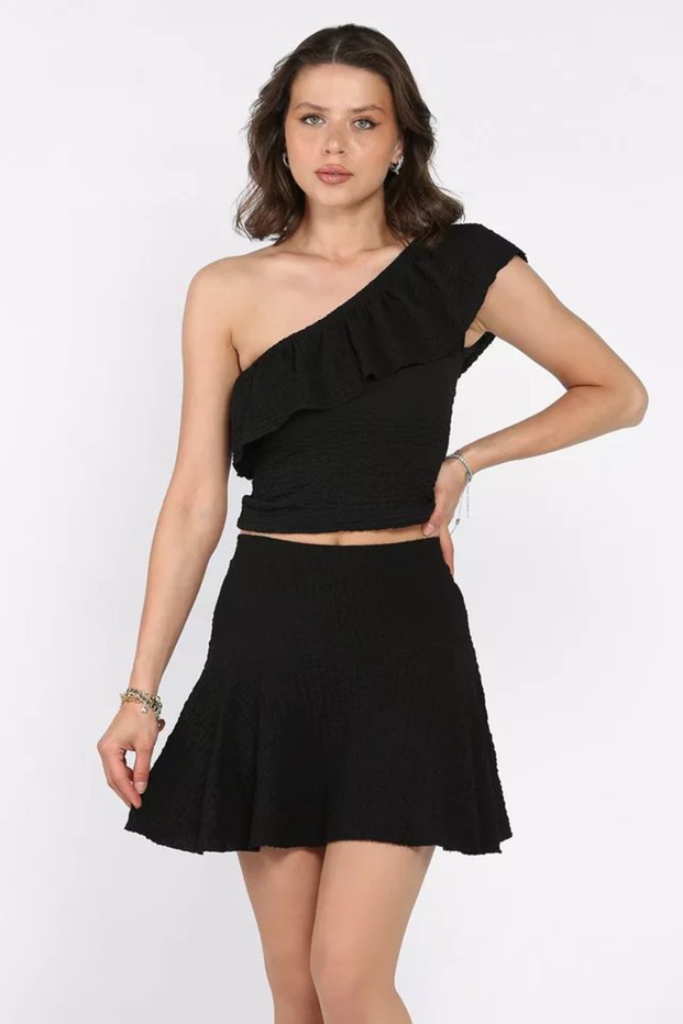 Women's One-Shoulder Self-Patterned Ruffle Blouse Skirt Two-Piece Set