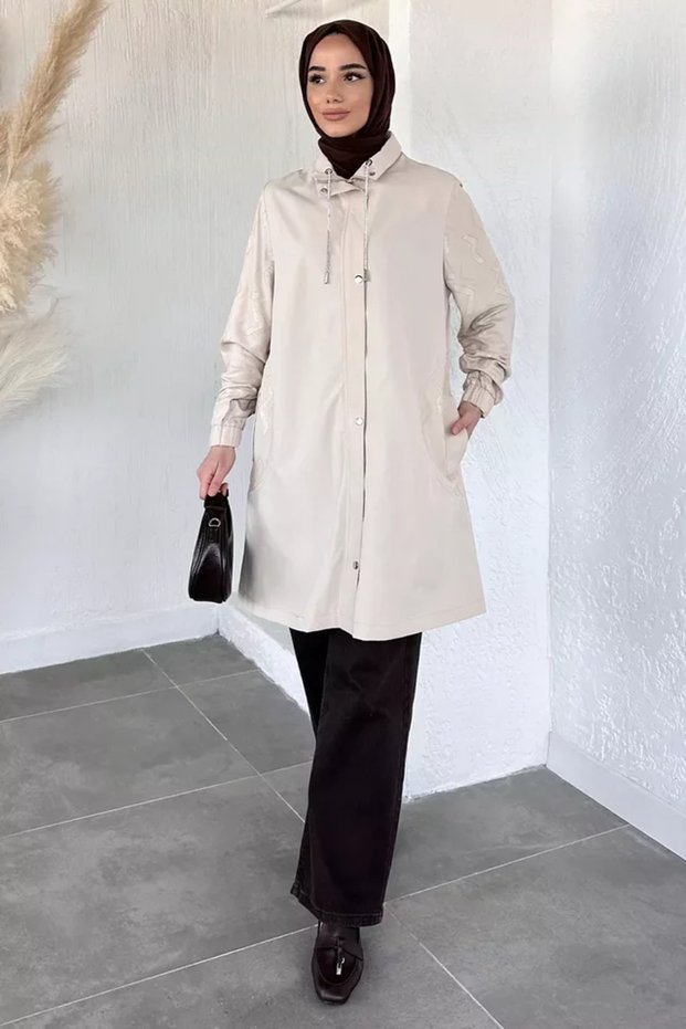 Women's Sleeve Embroidery Detailed Pocketed Hijab Trench Coat