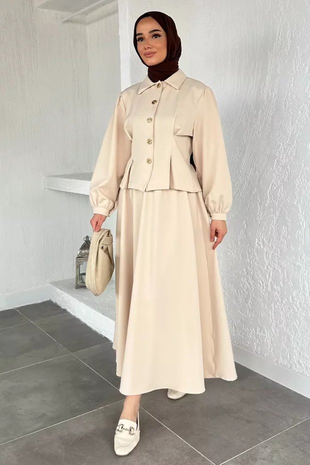 Gold Button Detailed Jacket with Belt Accessories, Elastic Waist Skirt, Hijab, Two-Piece Set