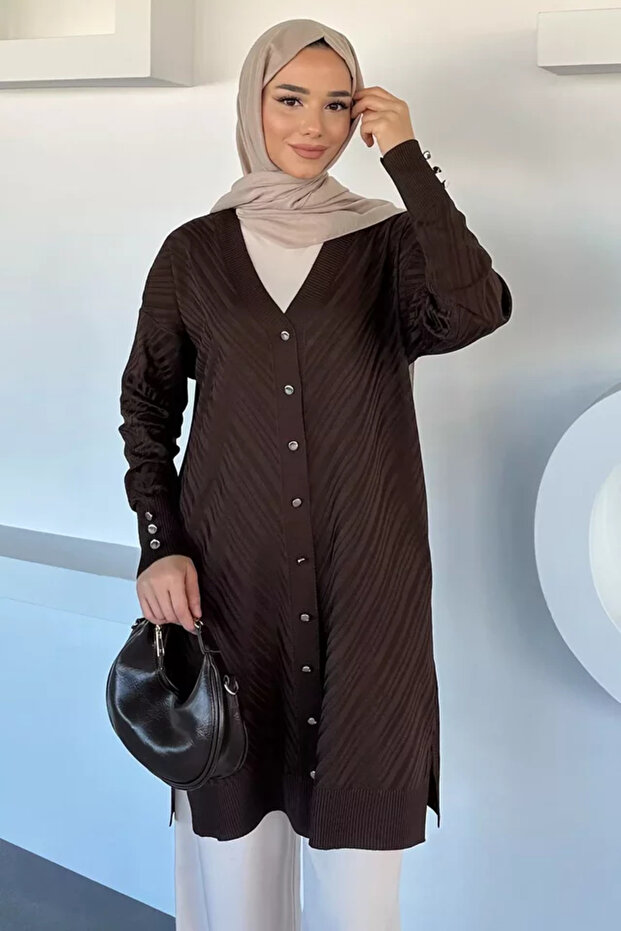 Patterned Front Buttoned Hijab Knitwear Cardigan (Fits M-L-Xl)
