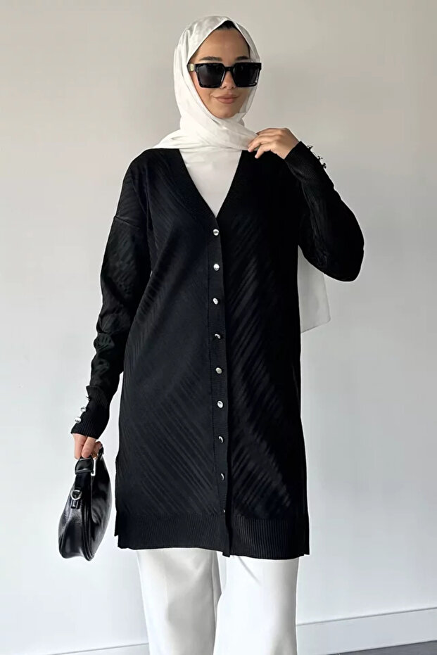 Patterned Front Buttoned Hijab Knitwear Cardigan (Fits M-L-Xl)