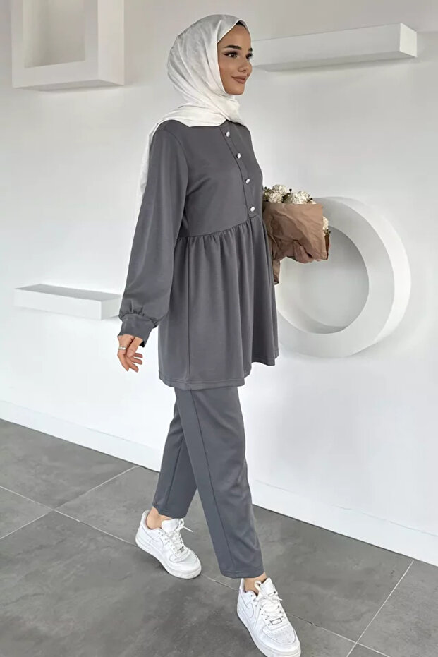 Women's Stoned Buttoned Ruffled Tunic Trousers Hijab Double Set