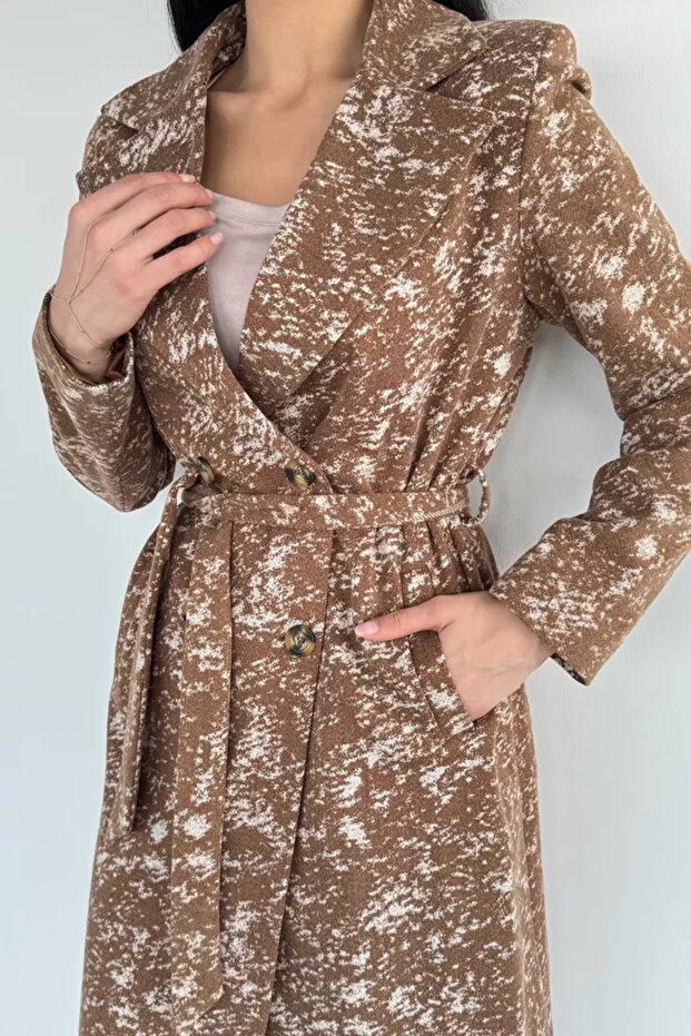 Women's Inner Lined Double Pocket Patterned Cashmere Coat