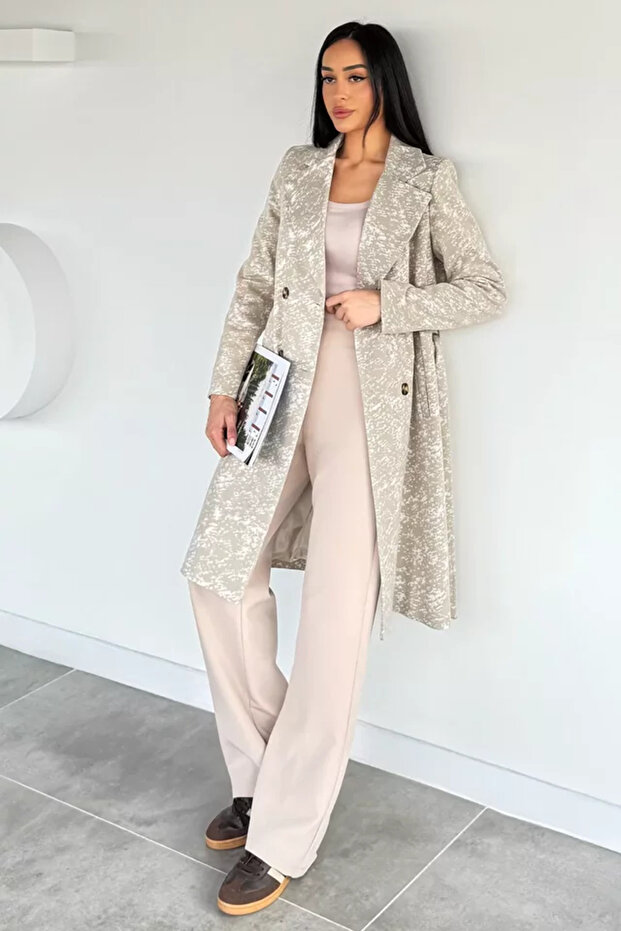 Women's Inner Lined Double Pocket Patterned Cashmere Coat