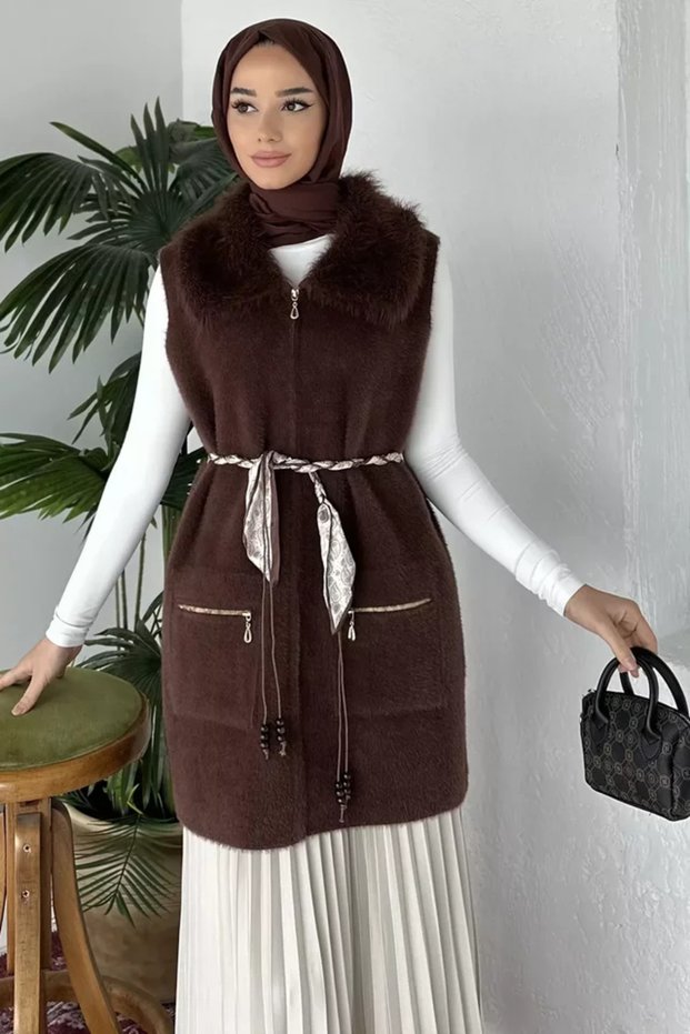 Gülseli Plush Detailed Double Pocket Hijab Knitwear Vest with Belt Accessory