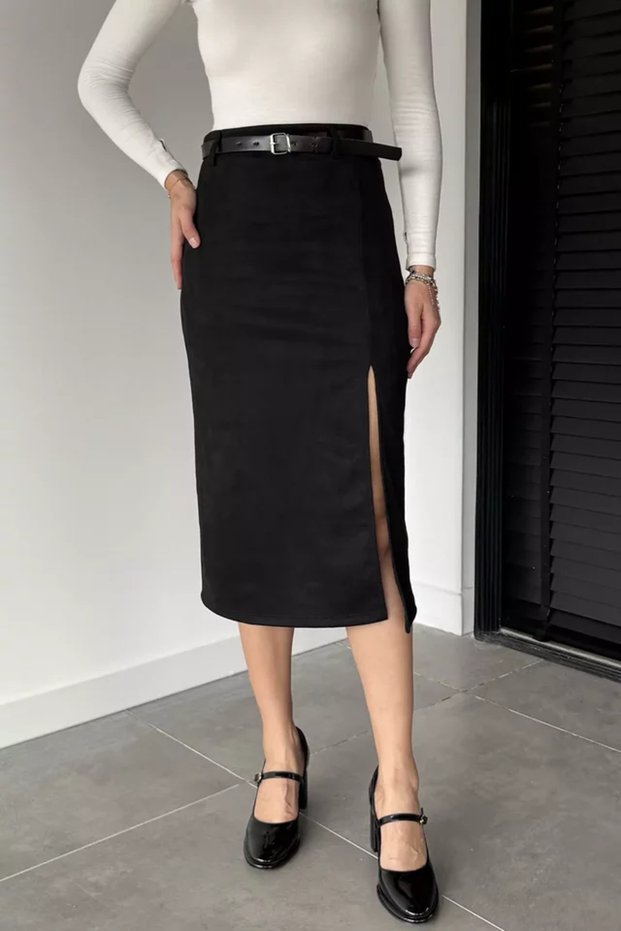 Women's Slit Detailed Belted Midi Length Suede Skirt
