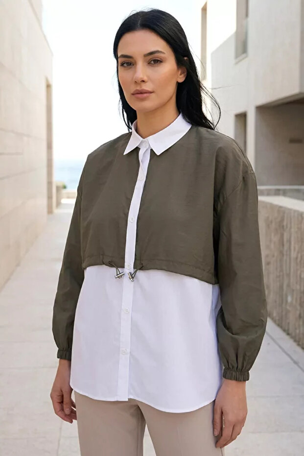 Waist Drawstring Women's Parachute Paneled Shirt