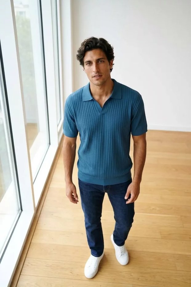 Men's Polo Neck Self-Patterned Knitwear T-Shirt
