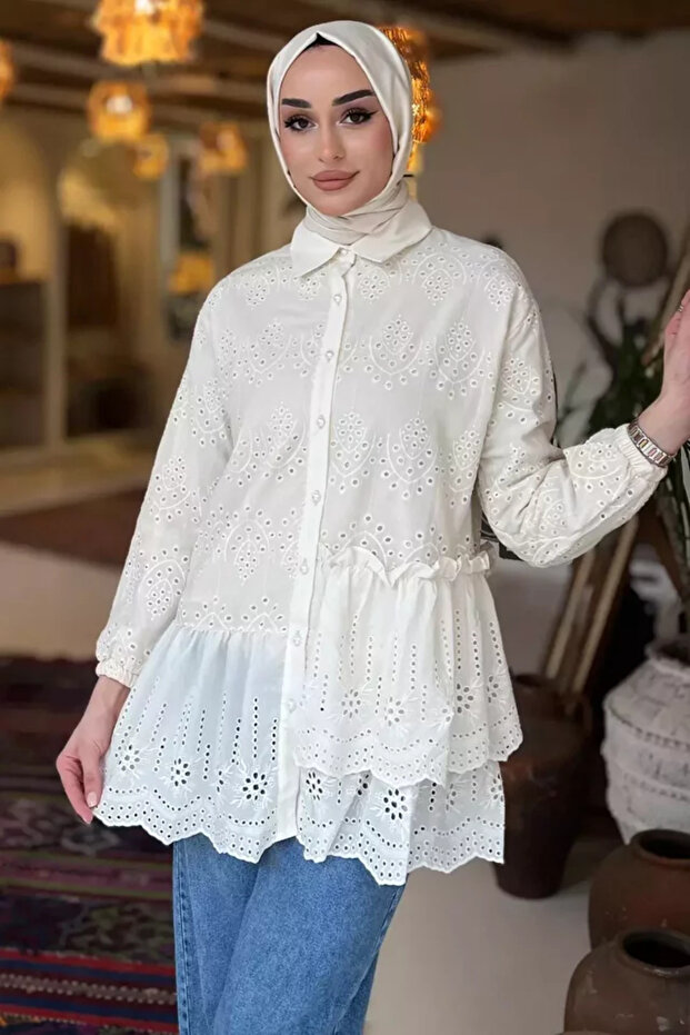 Women's Pearl Buttoned Ruffled Hijab Scalloped Shirt