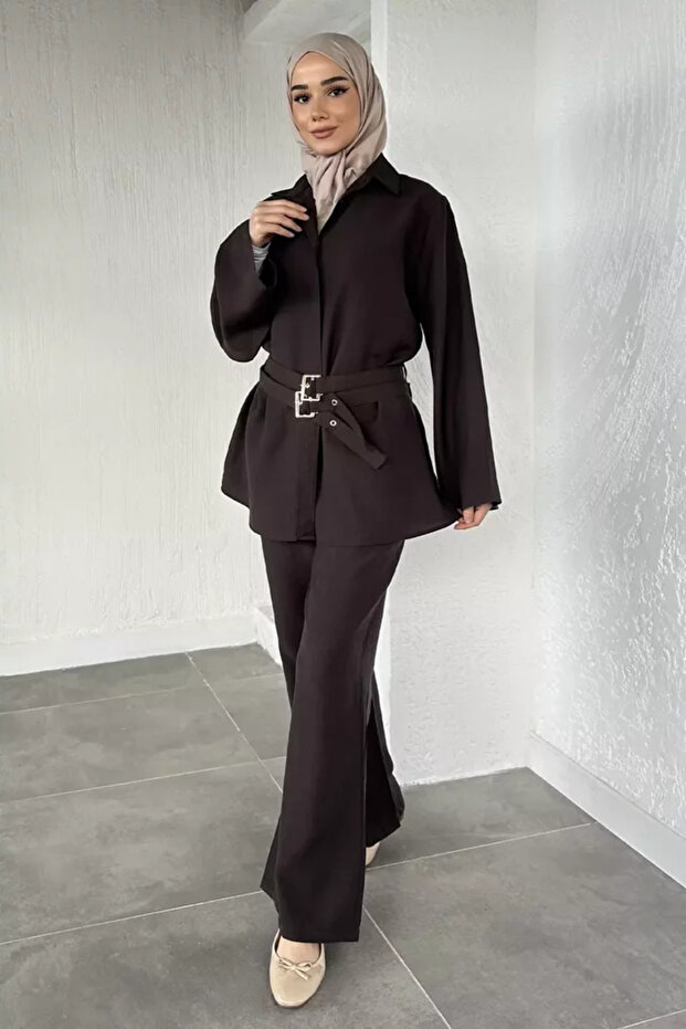 Waist Belted Tunic Trousers Hijab Double Set