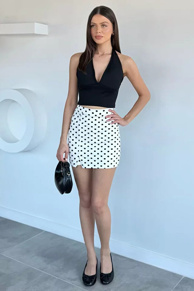 Women's Elastic Waist Lycra Polka Dot Patterned Short Skirt