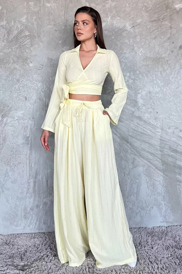Double-Breasted Collar, Waist Tie, Blouse and Trousers Two-Piece Set