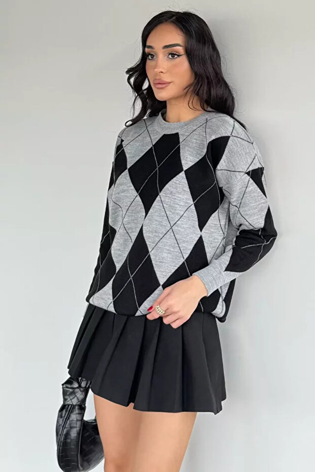 Women's Crew Neck Plaid Patterned Knitwear Sweater