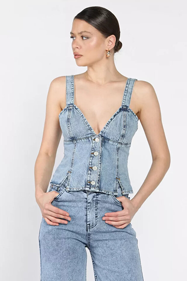 Jean Denim Bustier with Corset on the Back