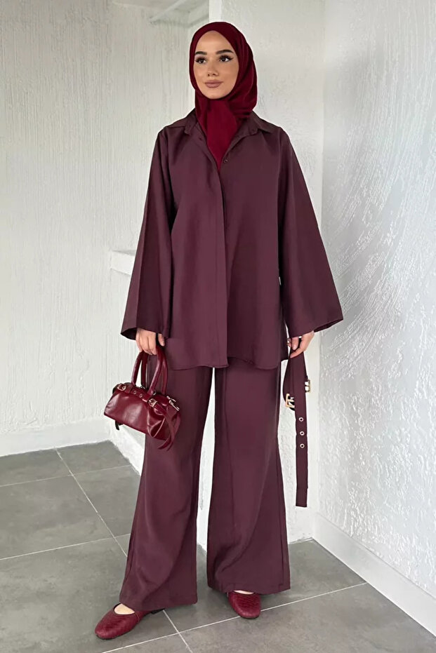 Waist Belted Tunic Trousers Hijab Double Set