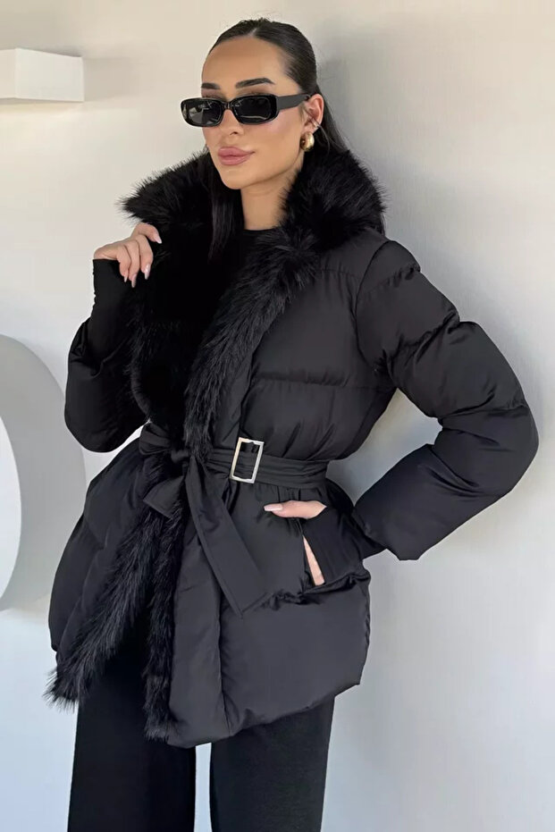 Women's Plush Detailed Waist Belted Coat