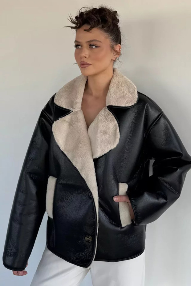 Women's Double-Breasted Collar Coat with Plush Inside