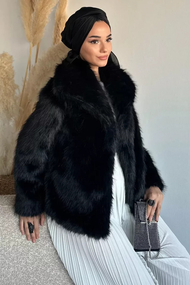 Inner Lined Double Pocket Fur Hijab Coat