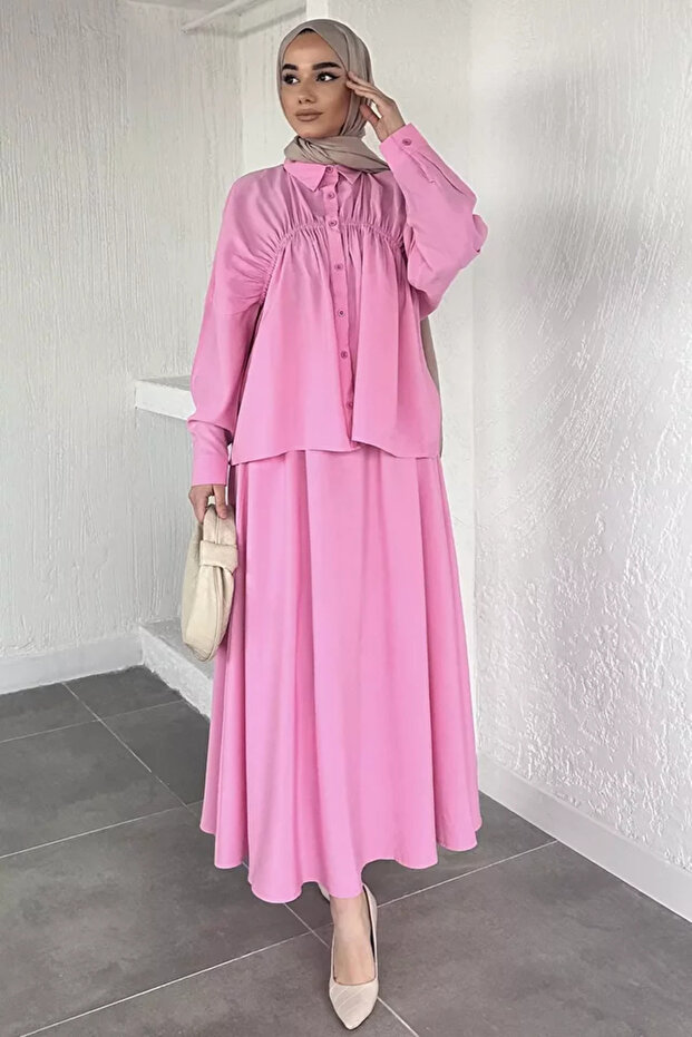 Hijab Drawstring Detailed Waist Tie Tunic Skirt Double Set