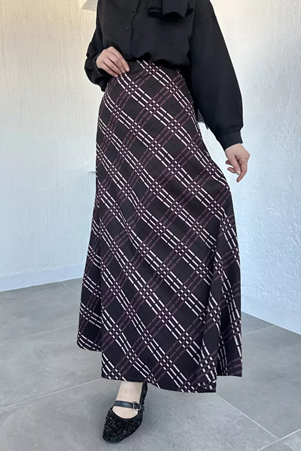Plaid Patterned Hijab Skirt with Elastic Waist