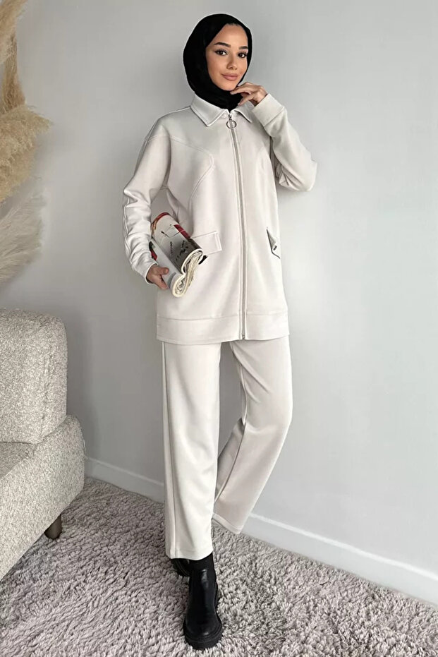 Front Zippered Tunic, Elastic Waist Pants, Islamic Clothing Double Set