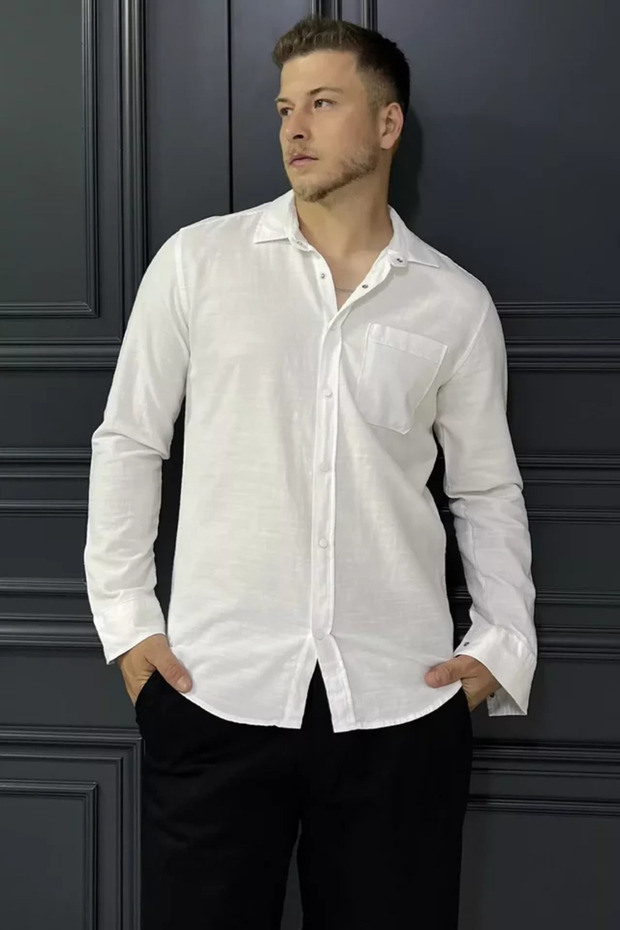 Single Pocket Snap Button Men's Long Sleeve Shirt