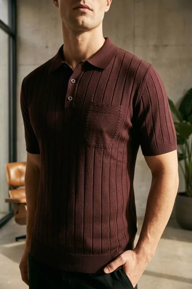 Men's Polo Collar Half Button Knitwear T-Shirt