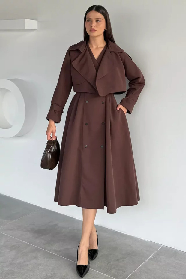 Women's Trench Fabric Jacket Dress Double Set