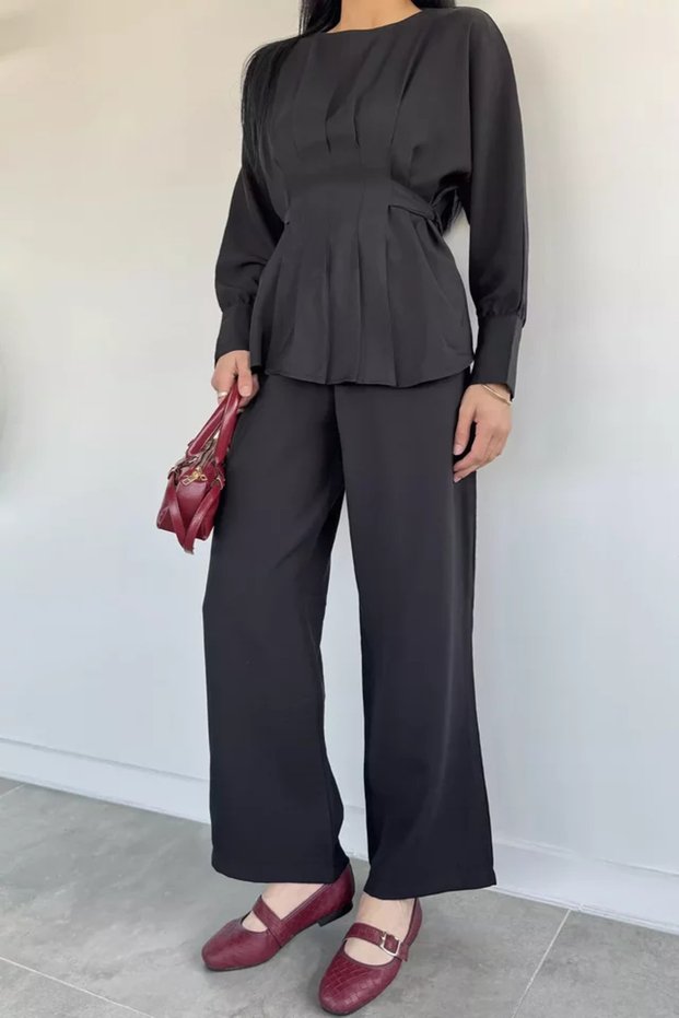 Gülseli Women's Pleated Belted Blouse and Elastic Waist Pants Two-Piece Set