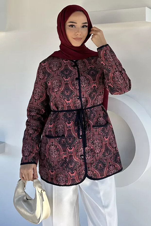 Front Buttoned Ethnic Pattern Quilted Hijab Jacket
